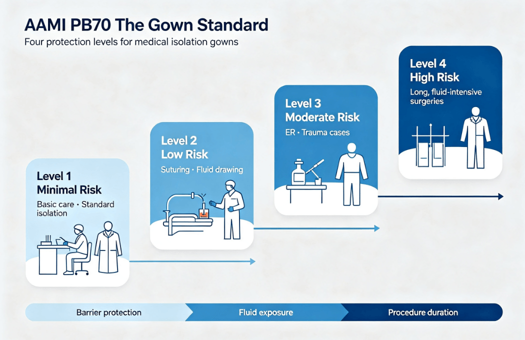 Four protection levels for medical isolation gowns