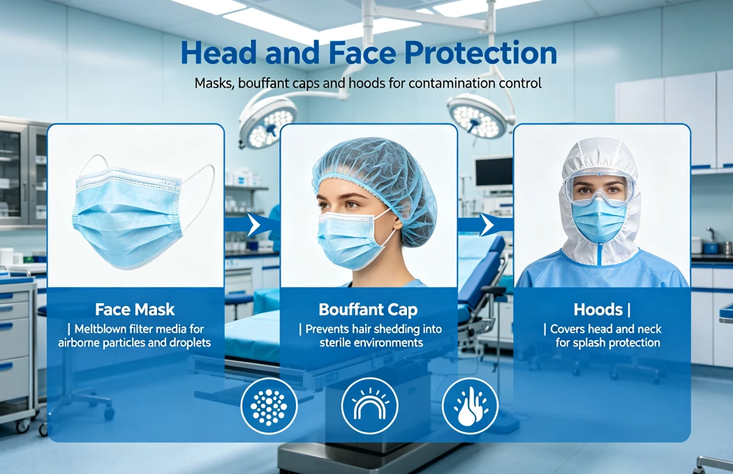 Masks, bouffant caps and hoods for contamination control