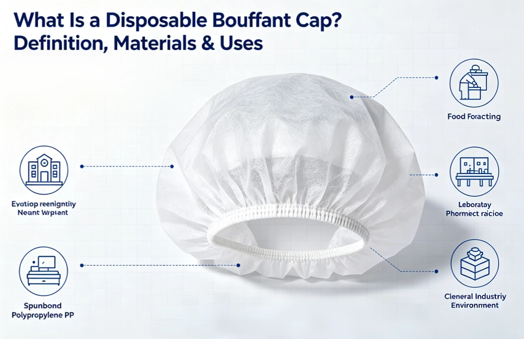 Infographic of disposable bouffant cap definition, materials and uses
