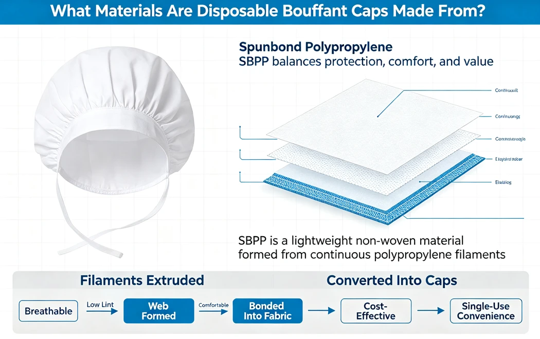 Spunbond polypropylene SBPP material infographic for bouffant caps