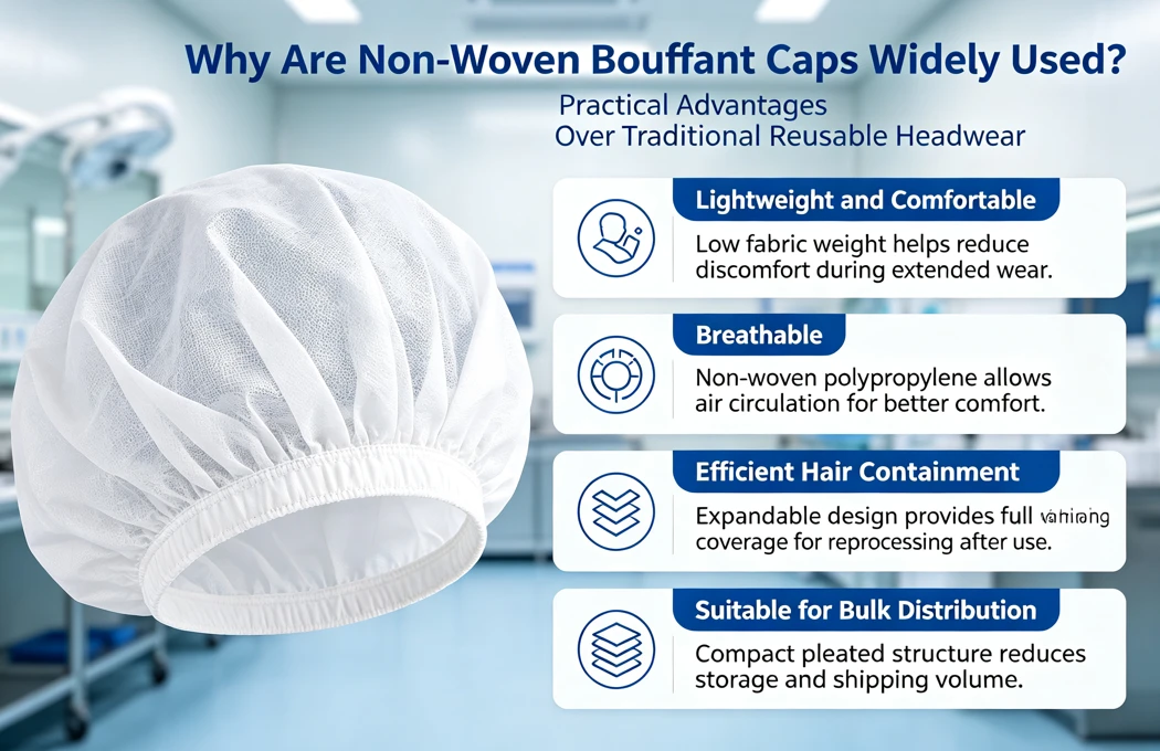 Non-woven bouffant caps benefits infographic for hygiene protection