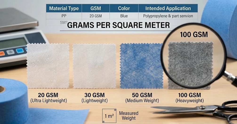 A close-up comparison of lightweight and heavyweight nonwoven fabric samples