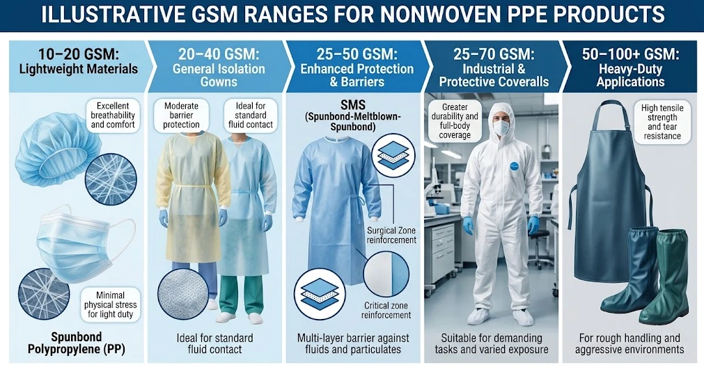 illustrative gsm ranges for nonwoven ppe products