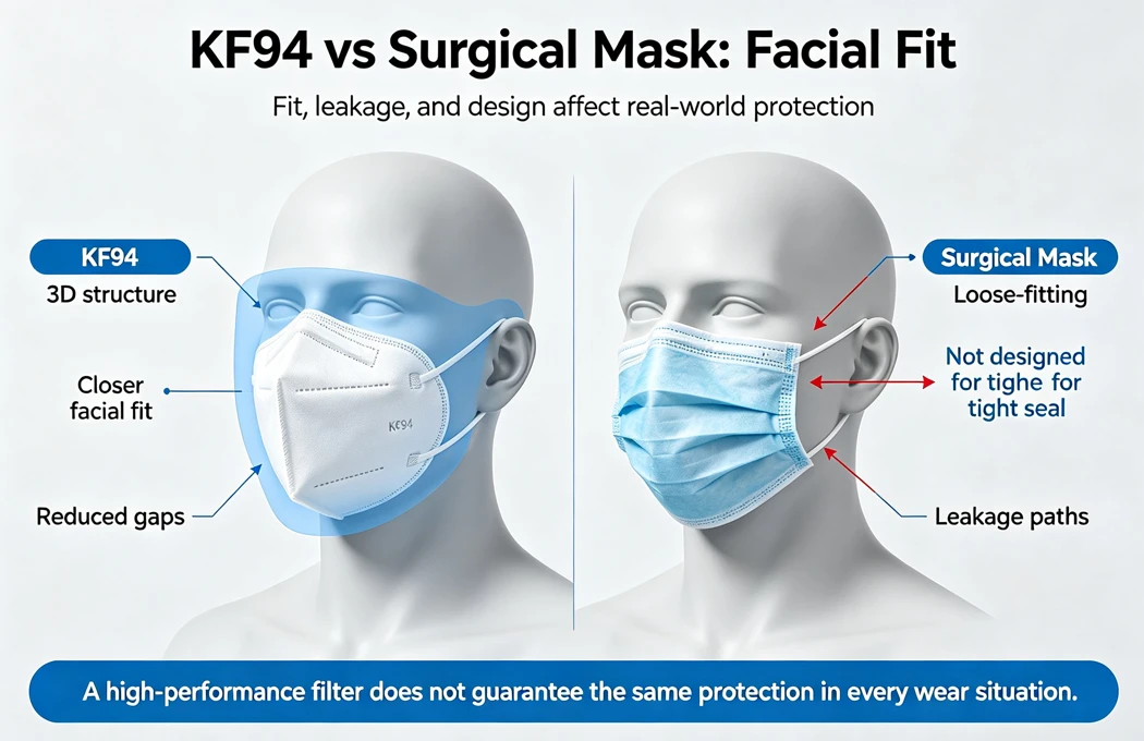 KF94 and surgical mask facial fit gap comparison diagram