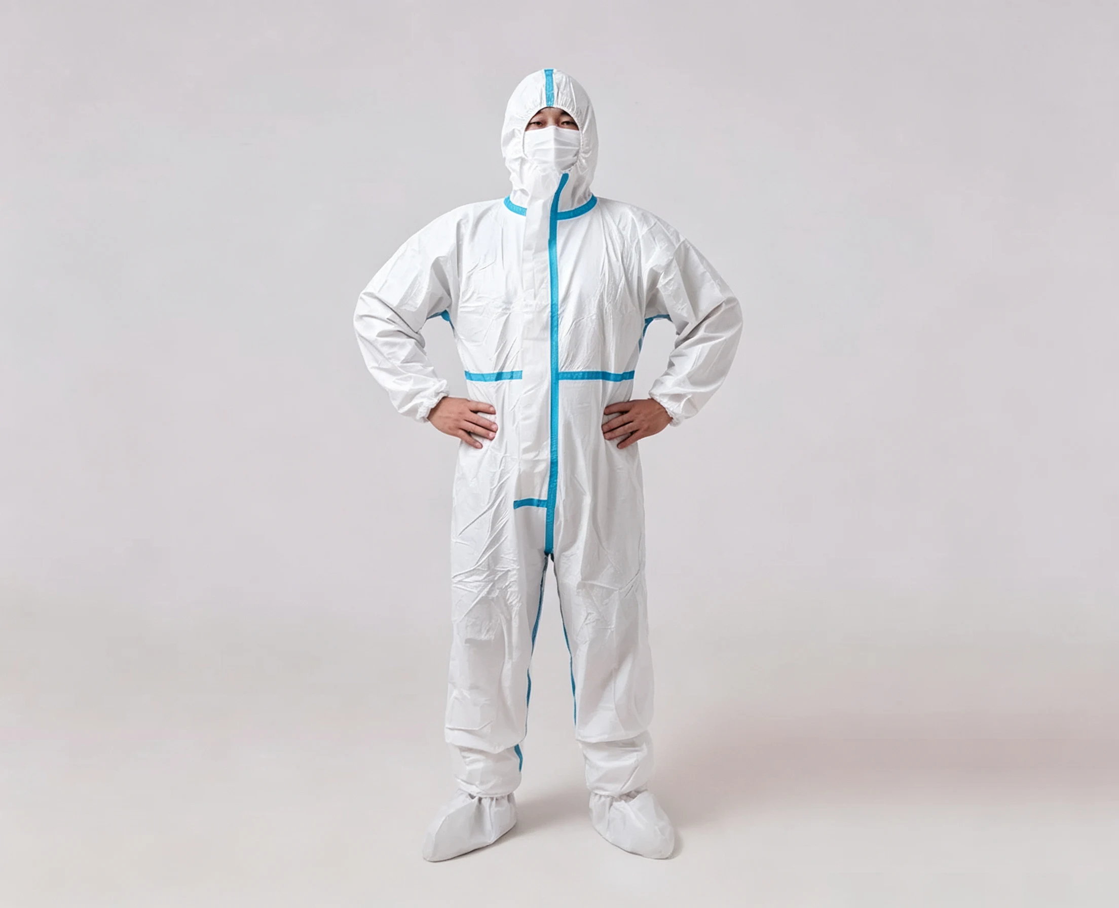 White with Blue Stripes-1 Disposable Liquid-Resistant Protective Coveralls - Image 1