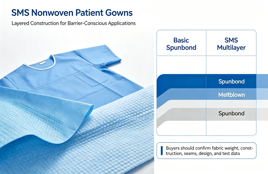 SMS nonwoven patient gown, multilayer barrier fabric,