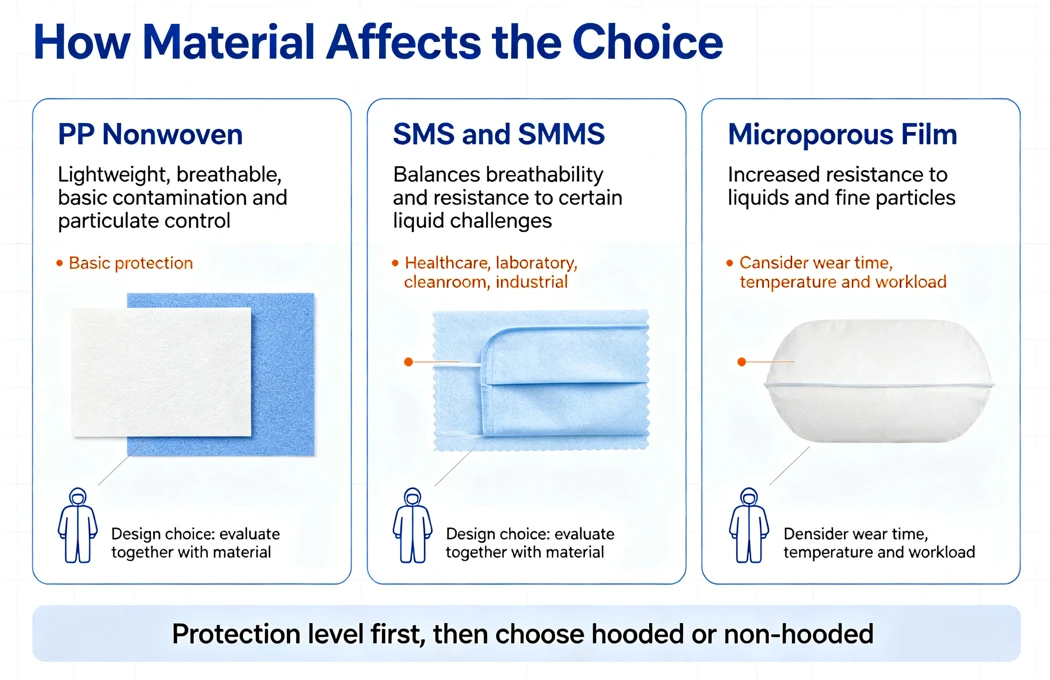 PP, SMS, SMMS, microporous film coverall material comparison infographic