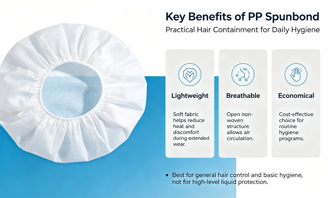 PP Spunbond disposable hair caps key benefits infographic