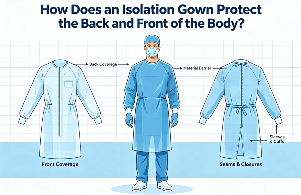 Isolation gown diagram showing front and back body protection