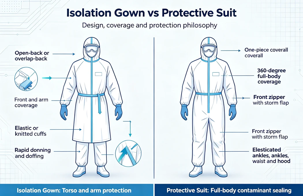 Isolation Gown vs Protective SuitDesign, coverage and protection philosophy