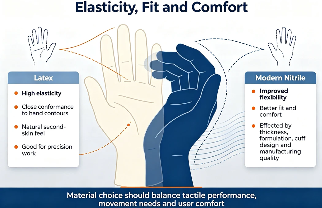 Latex vs nitrile gloves elasticity and fit infographic
