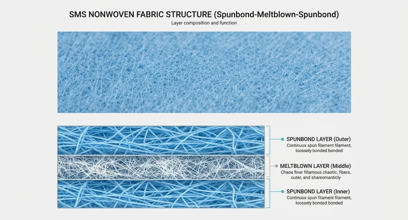 SMS nonwoven fabric structure for disposable protective coveralls